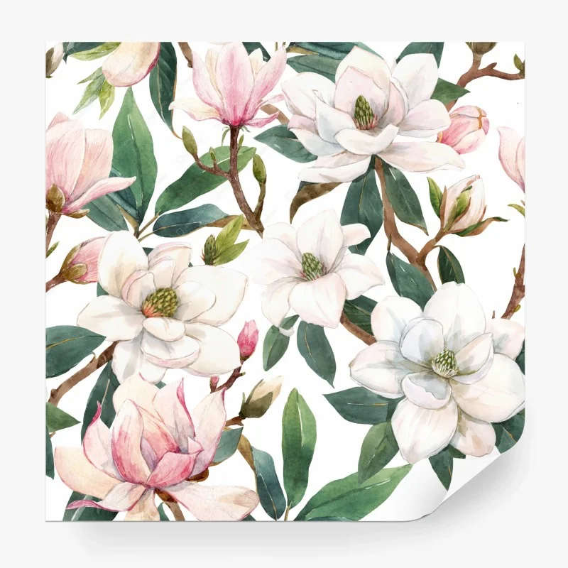 Fotomural magnolias en acuarela sobre fondo blanco