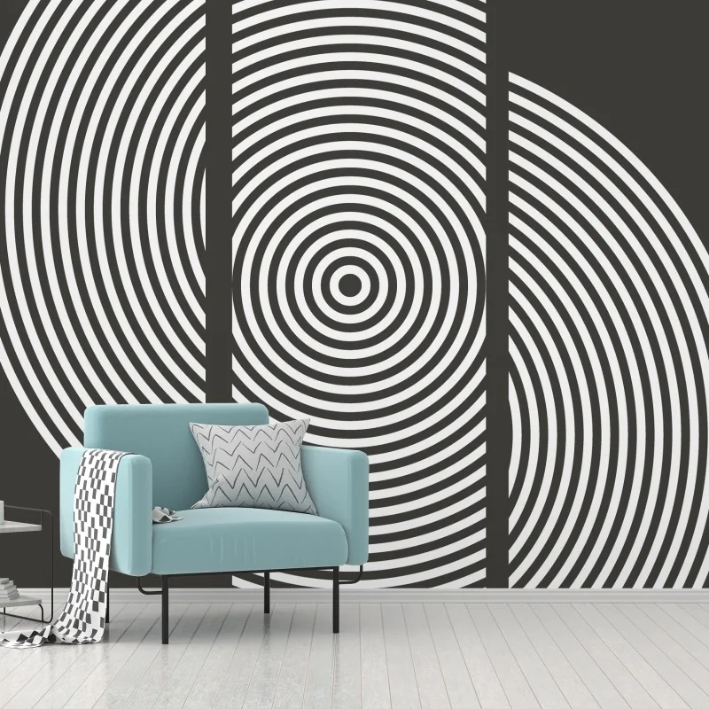 Fotomural composición geométrica de círculos concéntricos en blanco y negro
