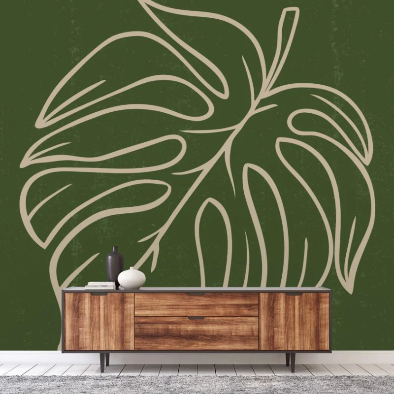 Fotomural hoja de monstera en línea sobre fondo verde
