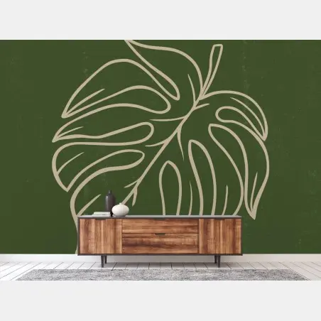 Fotomural hoja de monstera en línea sobre fondo verde – Pixers®