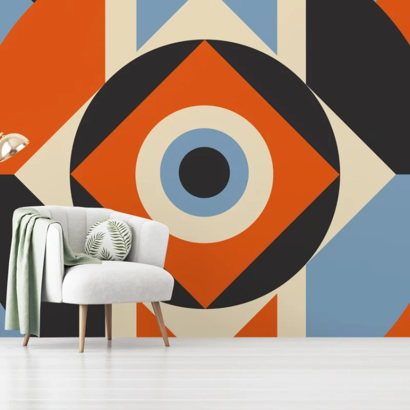 Fotomural diseño geométrico retro en tonos naranja y azul