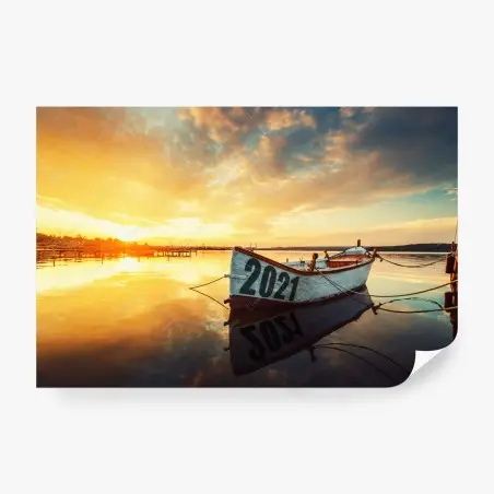 Fotomural barco en el lago al atardecer en Varna – Pixers®