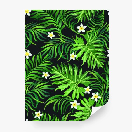 Fotomural patrón tropical de hojas verdes y flores blancas – Pixers®