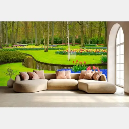 Fotomural jardín primaveral de tulipanes y jacintos – Pixers®