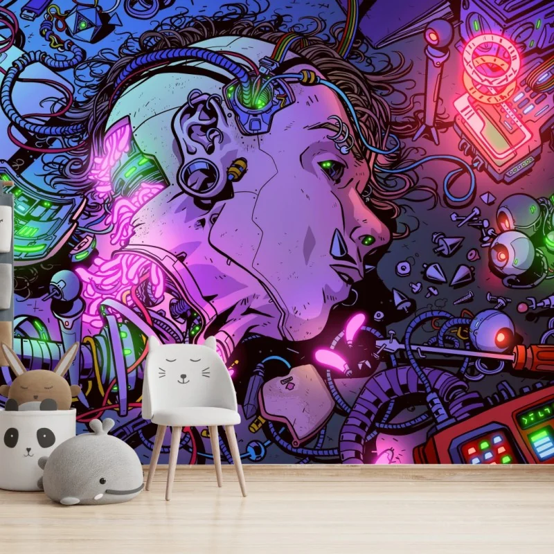 Fotomural cabeza cibernética en neón para decoración futurista