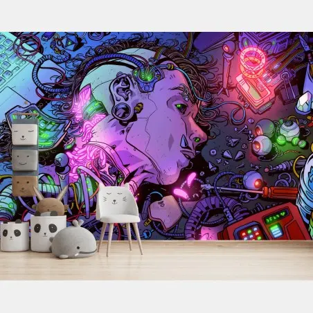Fotomural cabeza cibernética en neón para decoración futurista – Pixers®