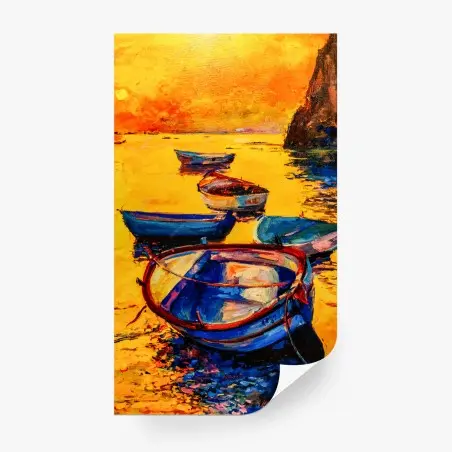 Fotomural atardecer en la bahía con botes azules – Pixers®