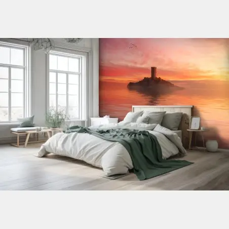 Fotomural torre solitaria en isla al atardecer – Pixers®