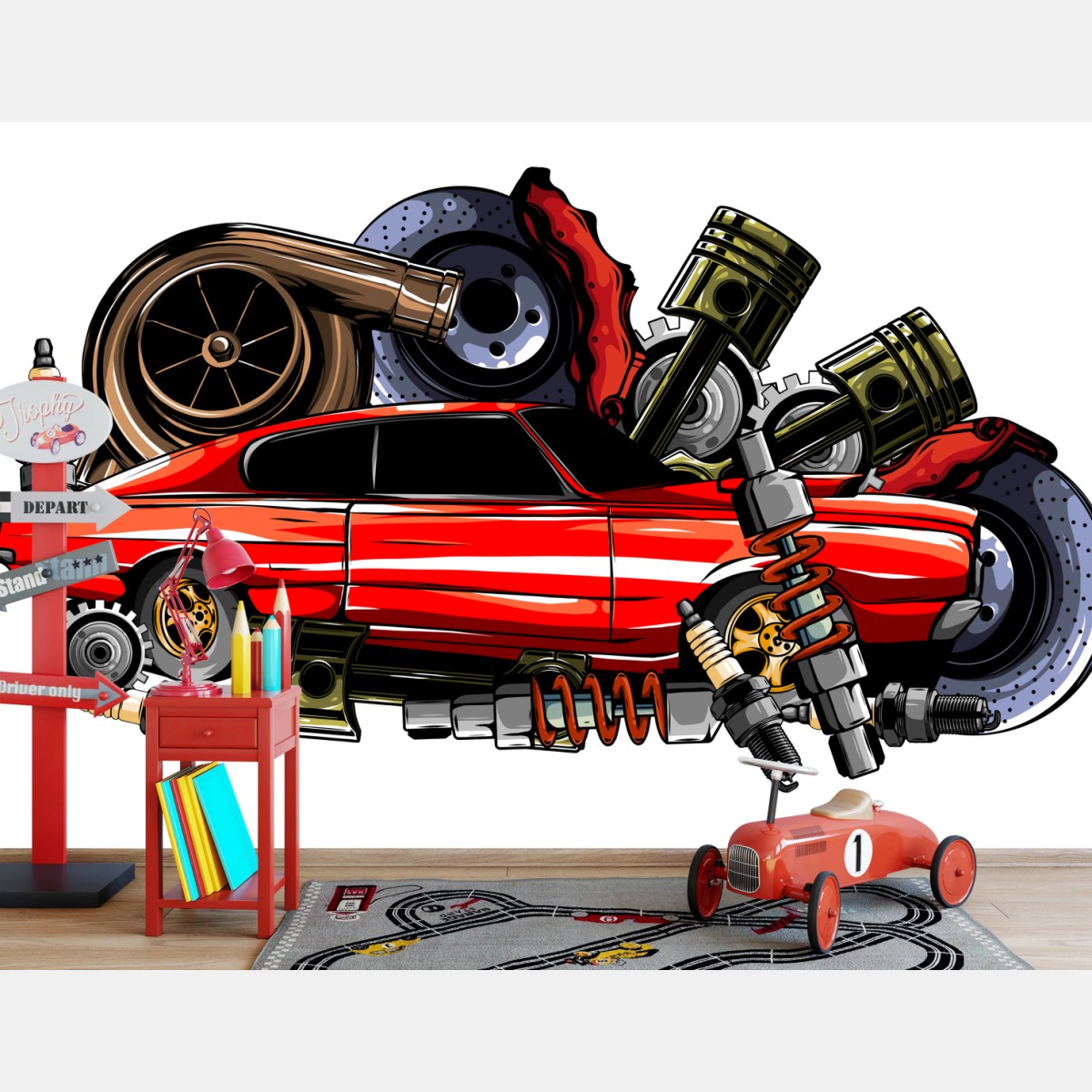 Fotomural arte automotriz retro en rojo – Pixers®