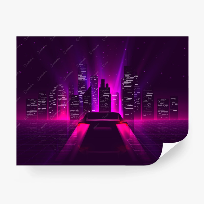 Fotomural paisaje retro-futurista de ciudad neón y carretera