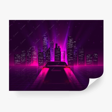 Fotomural paisaje retro-futurista de ciudad neón y carretera – Pixers®