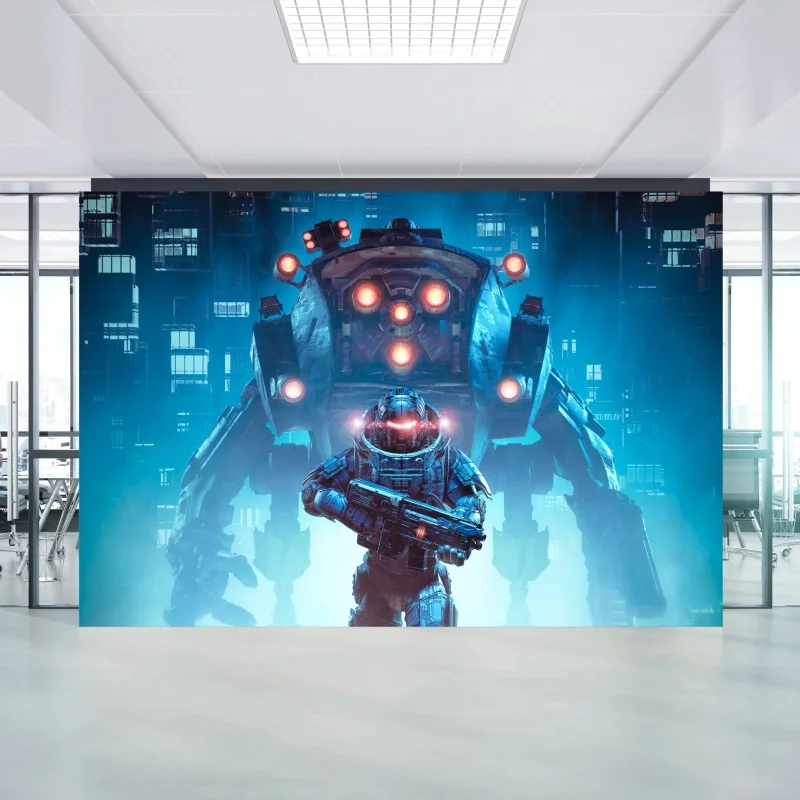 Fotomural soldado espacial frente a mecha colosal
