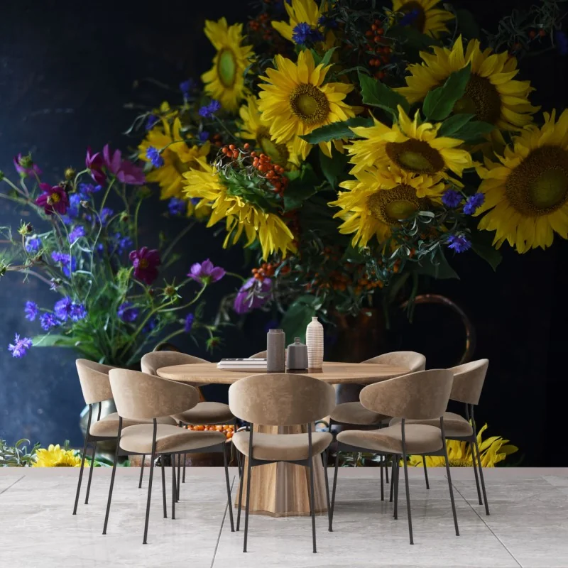 Fotomural bodegón de girasoles y flores silvestres otoñales