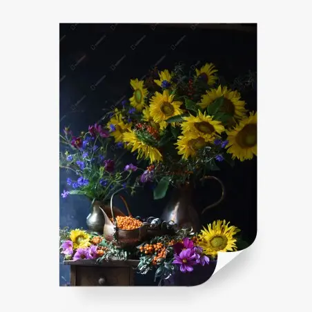 Fotomural bodegón de girasoles y flores silvestres otoñales – Pixers®