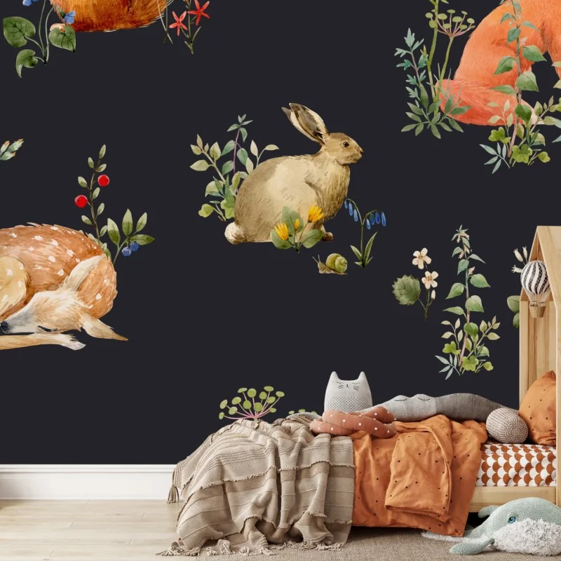 Fotomural escena de bosque con animales en acuarela