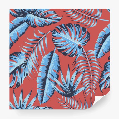 Fotomural hojas tropicales azules sobre fondo coral – Pixers®
