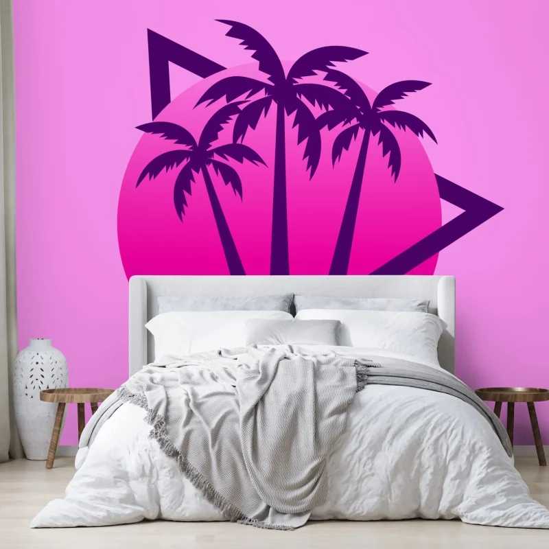 Fotomural atardecer synthwave con palmeras