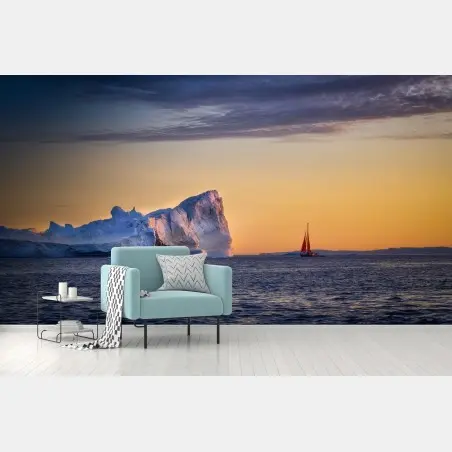 Fotomural amanecer dorado sobre iceberg y velero – Pixers®