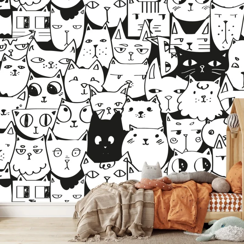 Fotomural ilustración repetitiva de gatos en blanco y negro