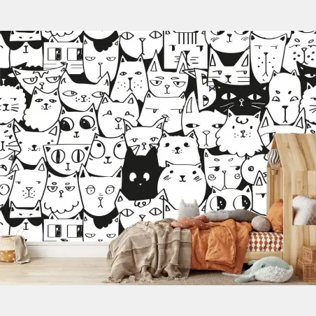 Fotomural ilustración repetitiva de gatos en blanco y negro – Pixers®