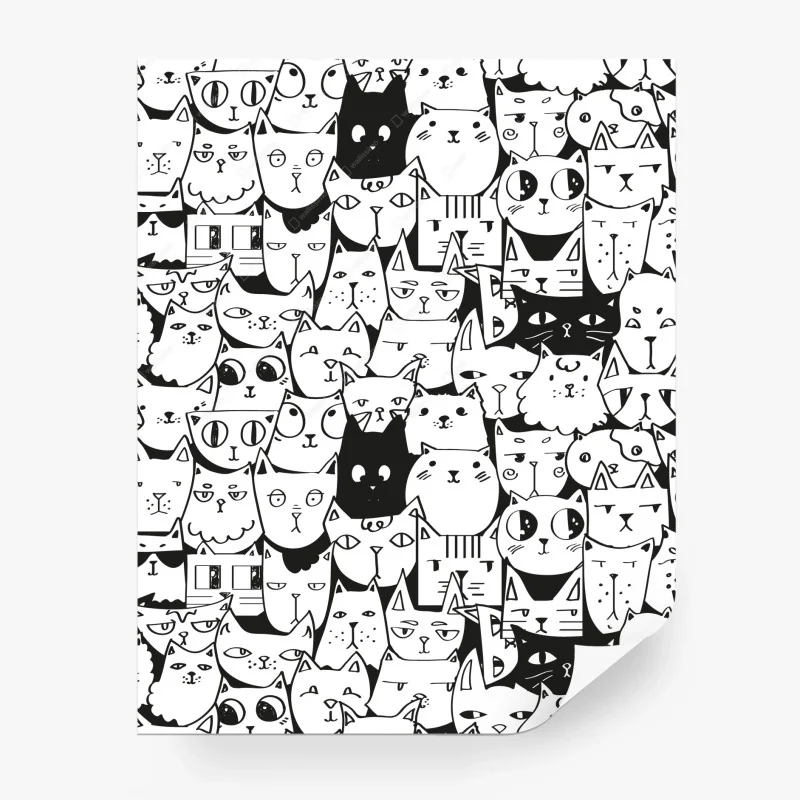 Fotomural ilustración repetitiva de gatos en blanco y negro