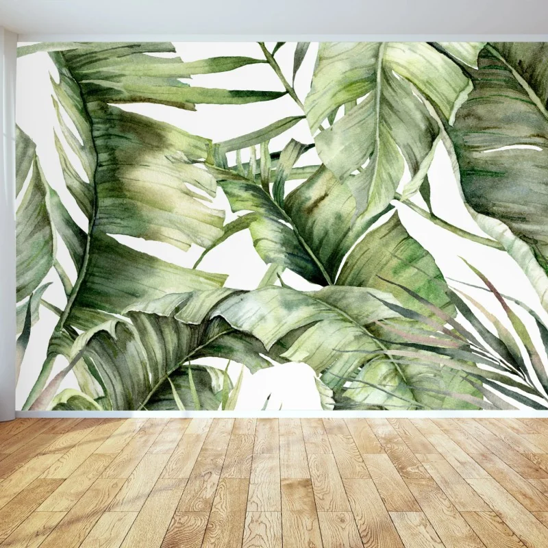 Fotomural hojas tropicales en acuarela estilo botánico