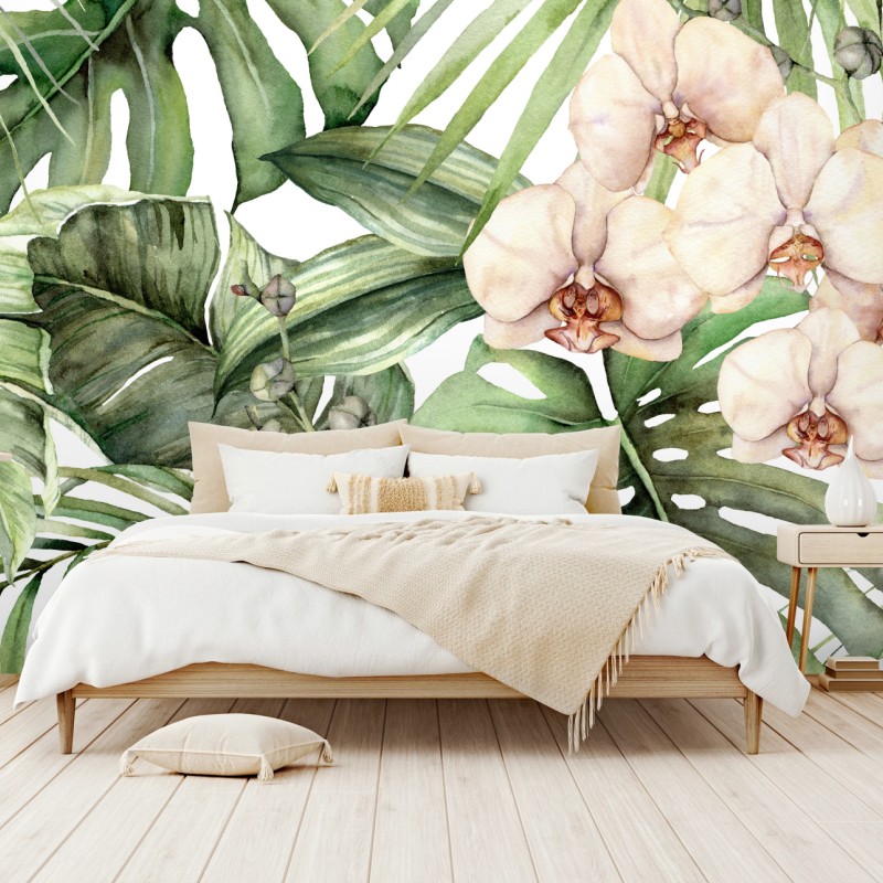 Fotomural orquídeas y hojas tropicales en acuarela