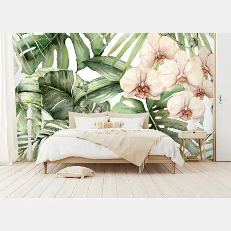 Fotomural orquídeas y hojas tropicales en acuarela – Pixers®