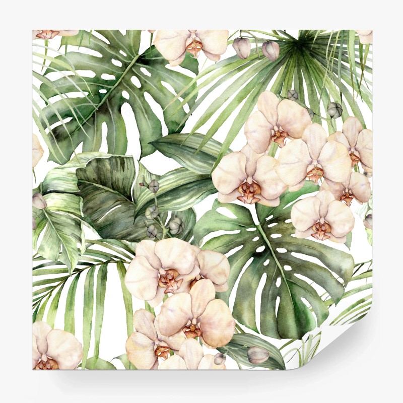 Fotomural orquídeas y hojas tropicales en acuarela