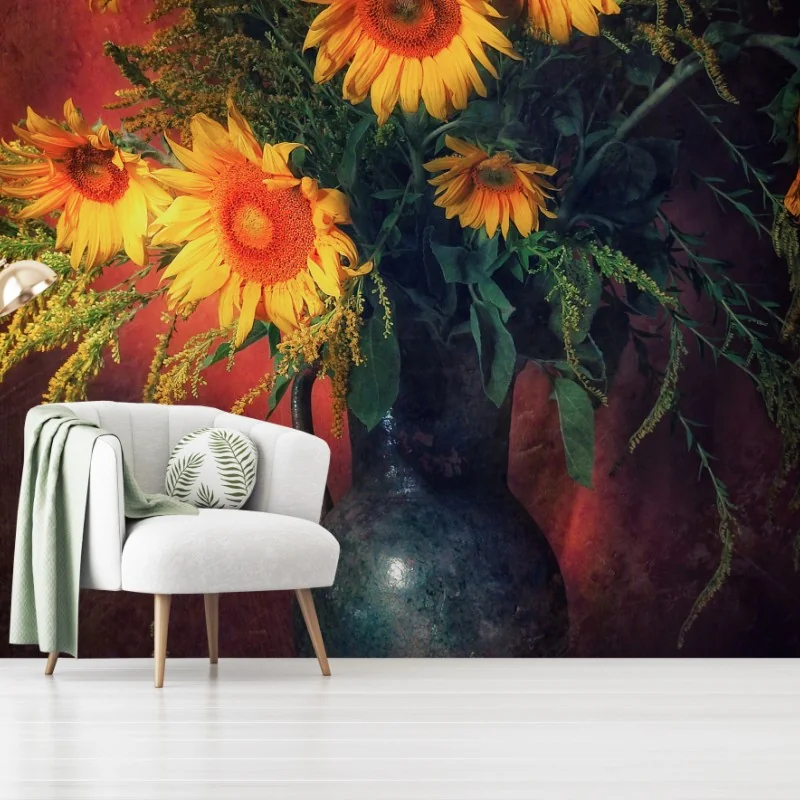Fotomural ramo rústico de girasoles sobre mesa antigua
