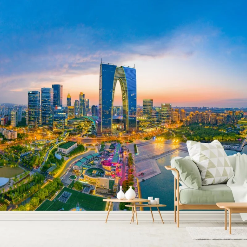 Fotomural puesta de sol sobre el horizonte urbano de Suzhou