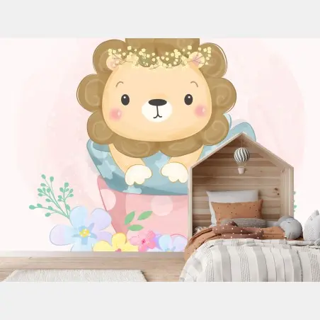 Fotomural león tierno en tazas florales – Pixers®