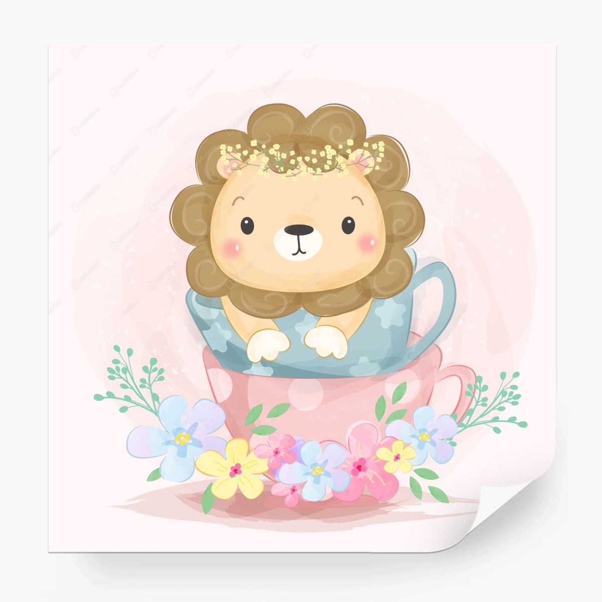 Fotomural león tierno en tazas florales – Pixers®