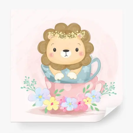 Fotomural león tierno en tazas florales – Pixers®