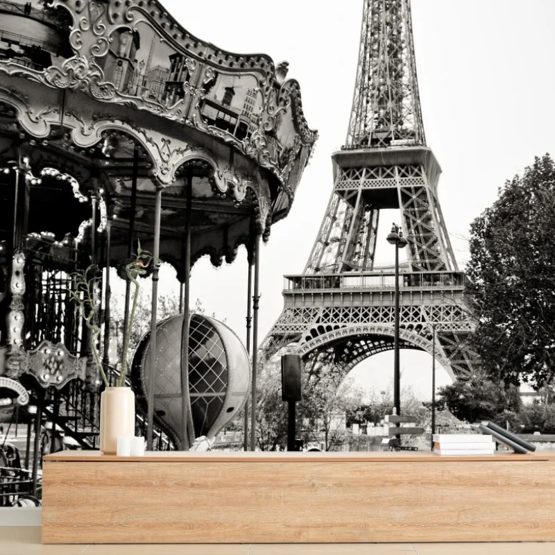 Fotomural encanto nostálgico: carrusel frente a la Torre Eiffel