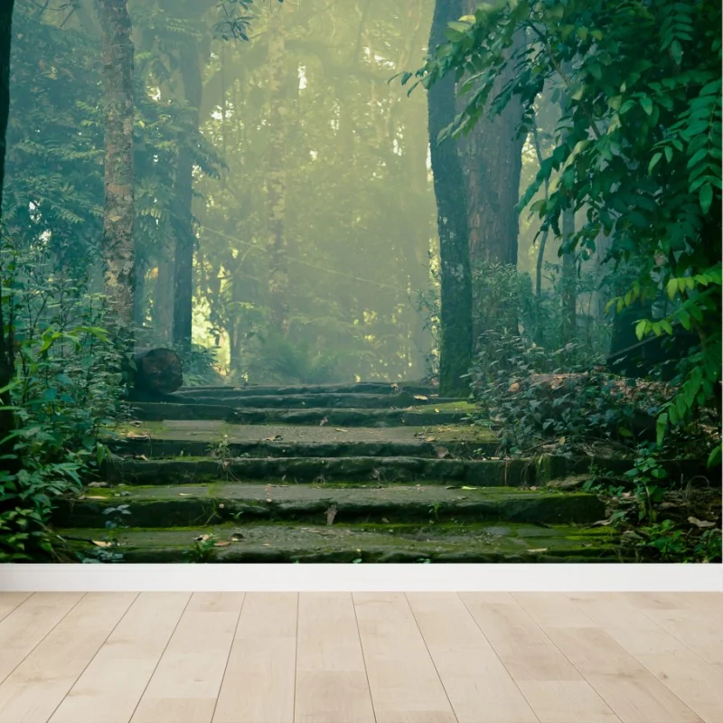 Fotomural escalera de piedra hacia un bosque brumoso