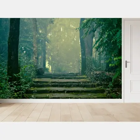 Fotomural escalera de piedra hacia un bosque brumoso – Pixers®