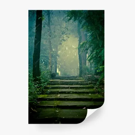Fotomural escalera de piedra hacia un bosque brumoso – Pixers®