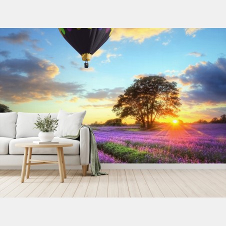 Fotomural puesta de sol sobre campos de lavanda y globos aerostáticos – Pixers®