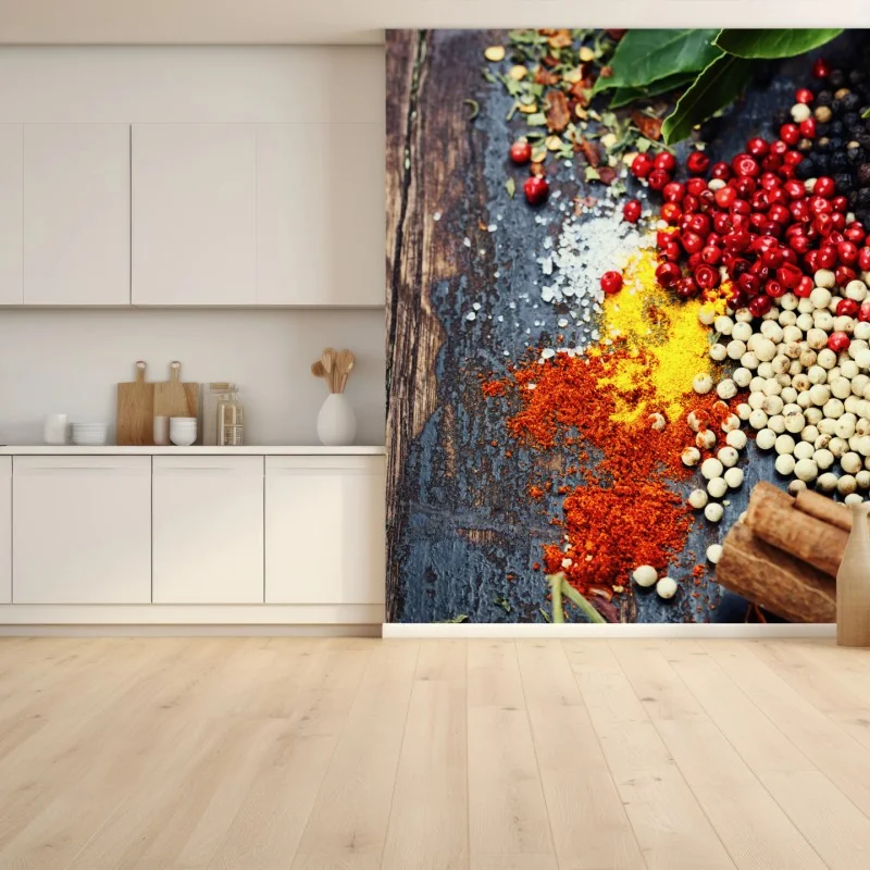 Fotomural especias y hierbas sobre madera rústica
