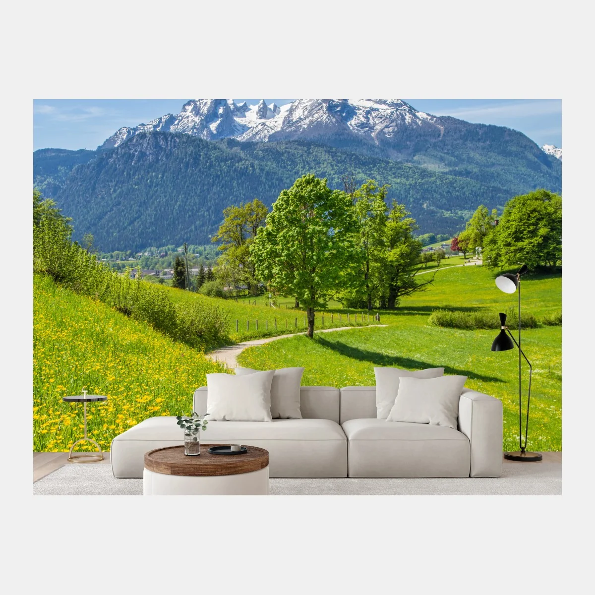 Fotomural paisaje alpino con sendero entre prados floridos y picos nevados – Pixers® Fotomural paisaje alpino con sendero entre prados floridos y picos nevados – Pixers®
