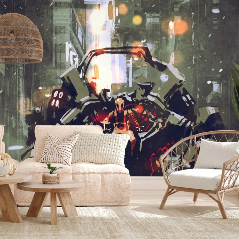 Fotomural mecha colosal en la ciudad nocturna
