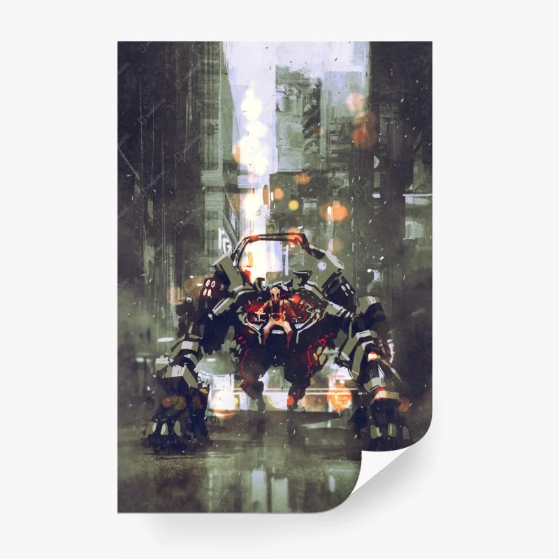 Fotomural mecha colosal en la ciudad nocturna