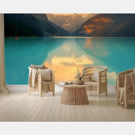 Fotomural amanecer en Lago Louise: paisaje sereno – Pixers®