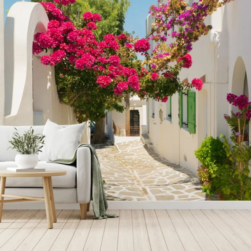 Fotomural rincón mediterráneo de casas blancas y buganvillas