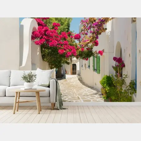 Fotomural rincón mediterráneo de casas blancas y buganvillas – Pixers®