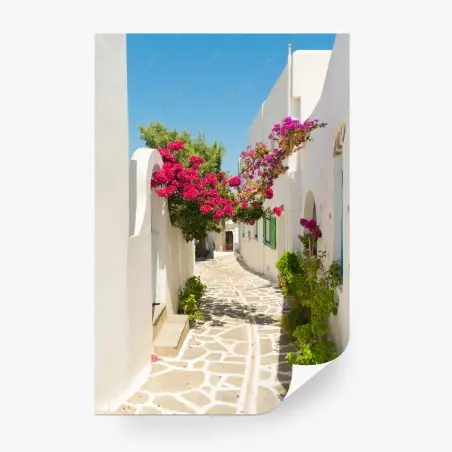 Fotomural rincón mediterráneo de casas blancas y buganvillas – Pixers®
