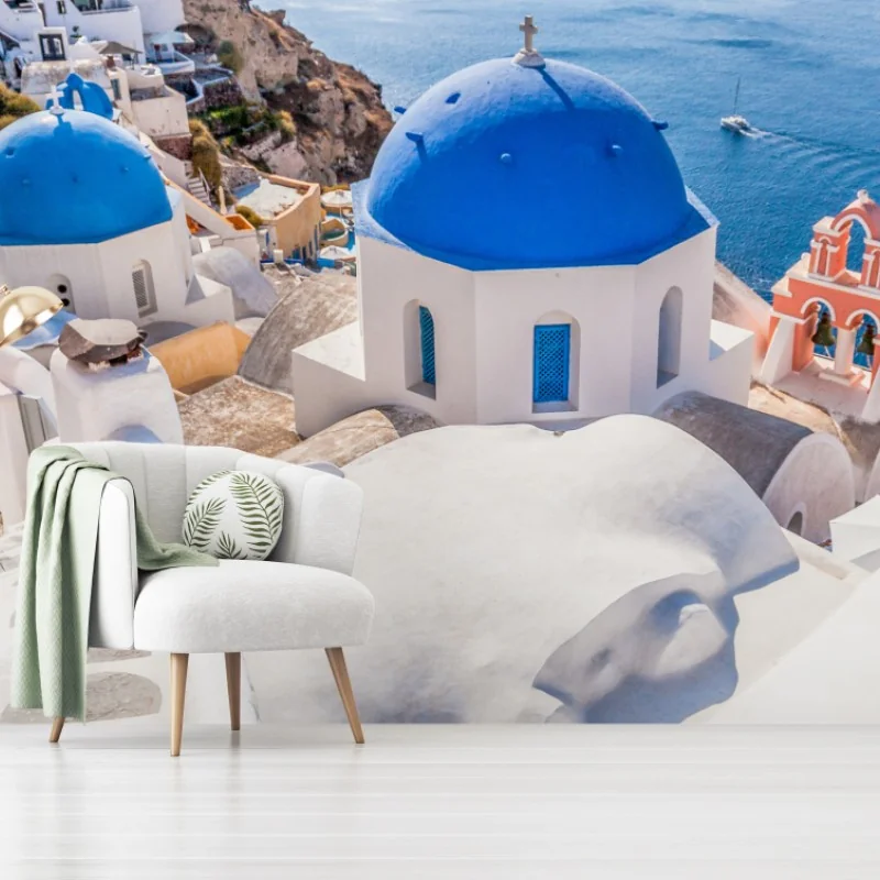 Fotomural cúpulas azules de Santorini sobre el mar