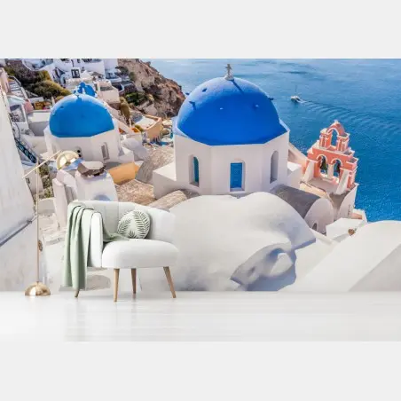 Fotomural cúpulas azules de Santorini sobre el mar – Pixers®
