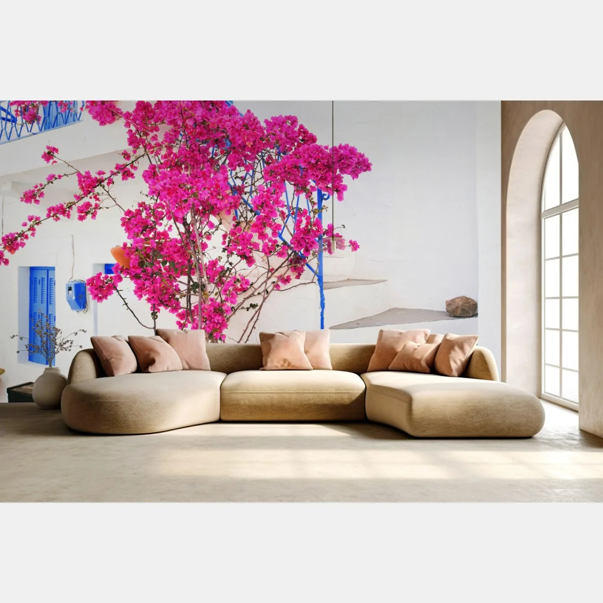 Fotomural fachada blanca con buganvilla fucsia y ventanas azules – Pixers® Fotomural fachada blanca con buganvilla fucsia y ventanas azules – Pixers®